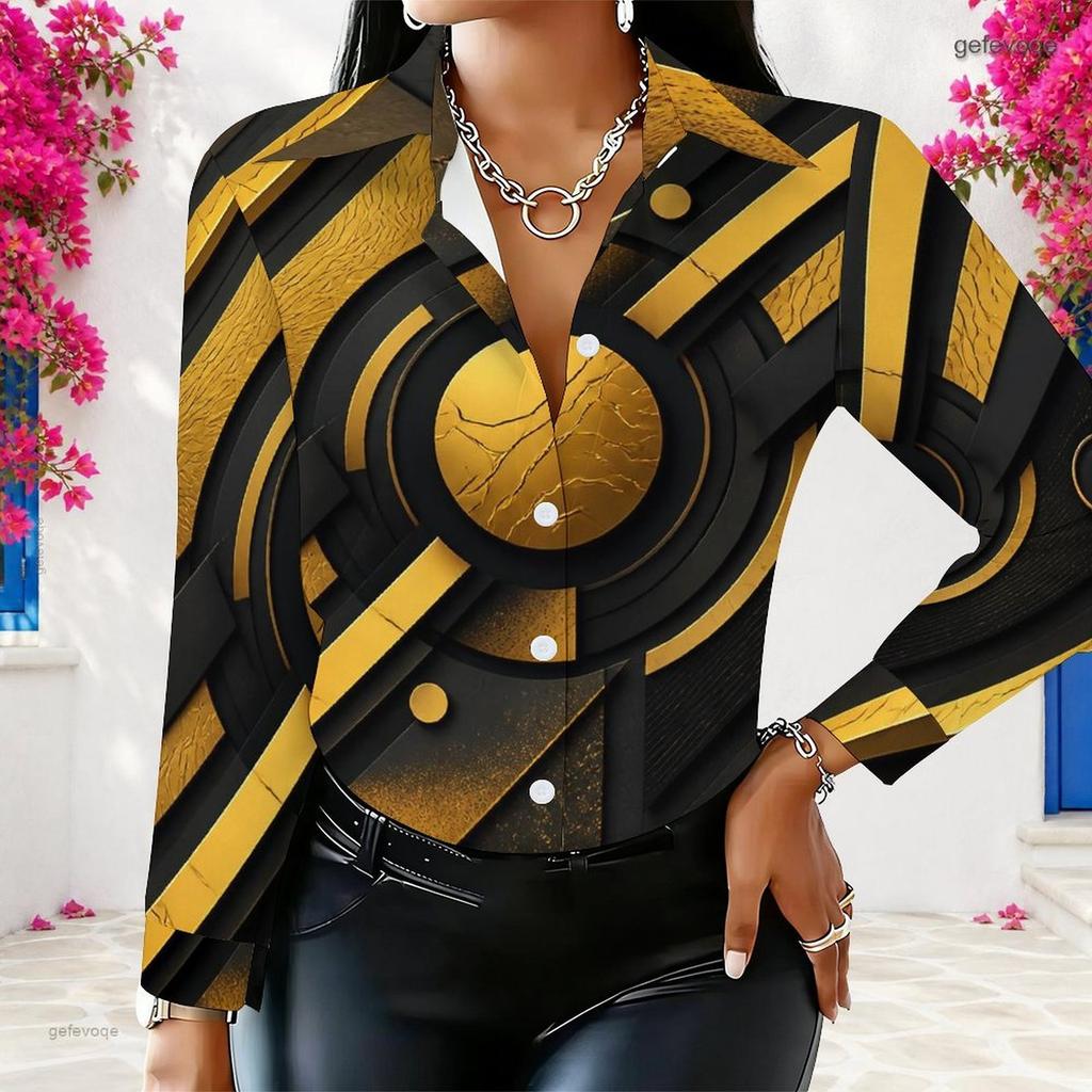 Women Plus Size Black Gold Geometric Printed Collared Long Sleeve Button Front Shirt
