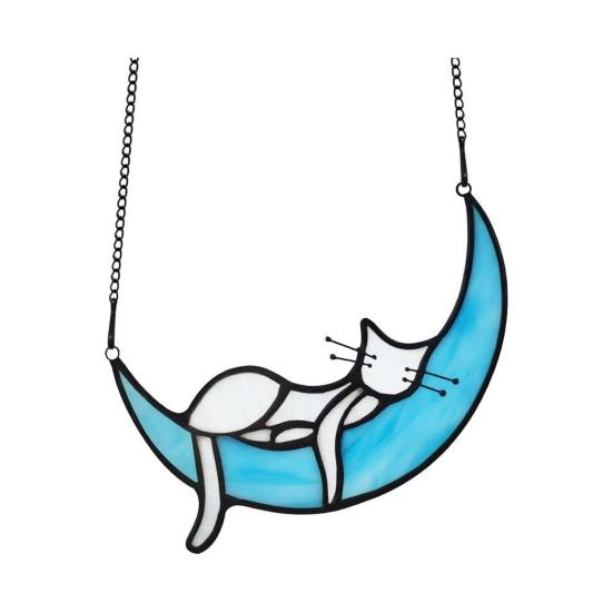 Cat On Moon Hanging Ornament Stained Glass Window Hanging Suncatcher Acrylic Panel Wall Art Memorial Gift for Women Wife Mom Cat Lovers