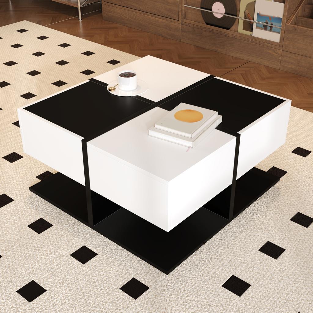 Modern Coffee Table Black White 70×70×35.5 cm with 2 Drawers, Square Living Room Table with Storage, High Gloss Table with Gentle Drawer Runners