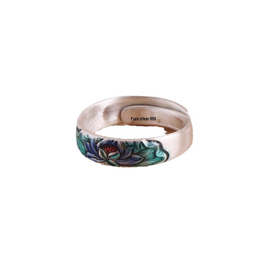 S999 Pure Silver Lotus Ring: Gold & Blue Enamel, Retro Chinese Style, Unisex Couple's Ring