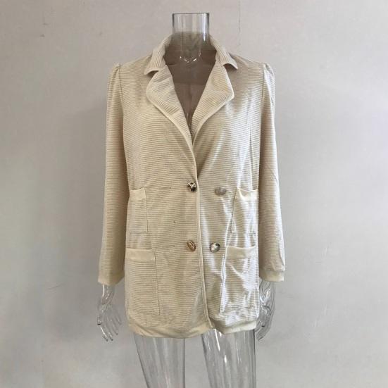 Women's Long Sleeve Tweed Double Breasted Blazer Jacket Notched Lapel Ribbed Open Front Fall Coat with Pockets