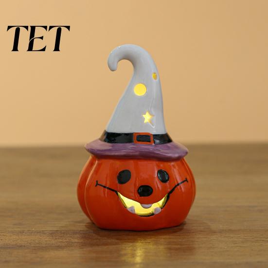Handmade Ceramic Halloween Statue Tealight Holder, Lighted Ghost Pumpkin Figurine with Holiday Party Table Centerpiece Witch Hat, Tiered Tray Tabletop