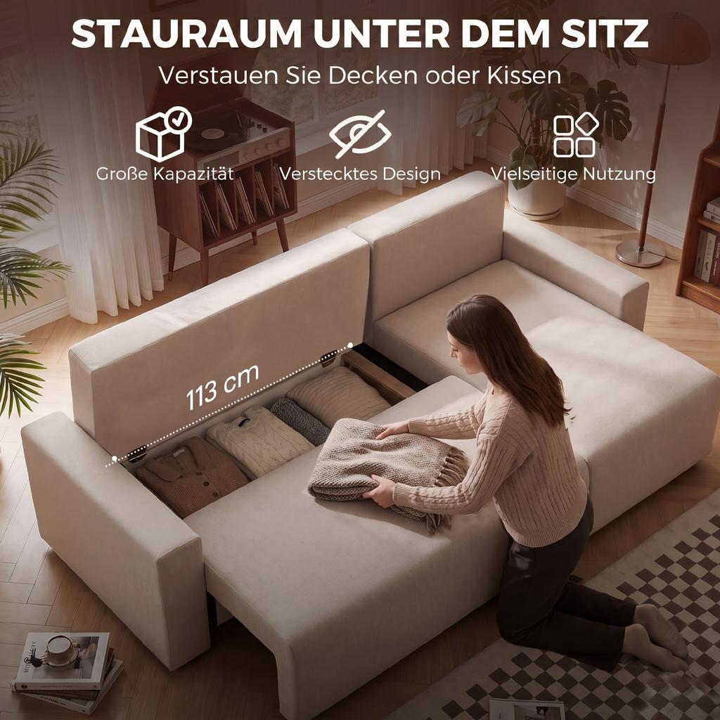 Corner Sofa with Sleep Function and Reversible Chaise Longue, L-Shaped 3-Seater Sofa with Velour Cover, Beige