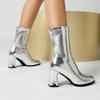 Metallic Gold Silver Women Ankle Boots High Chunky Heels Black Dress Office Lady Winter Slip-on Stretch Pointed Toe Short Boots