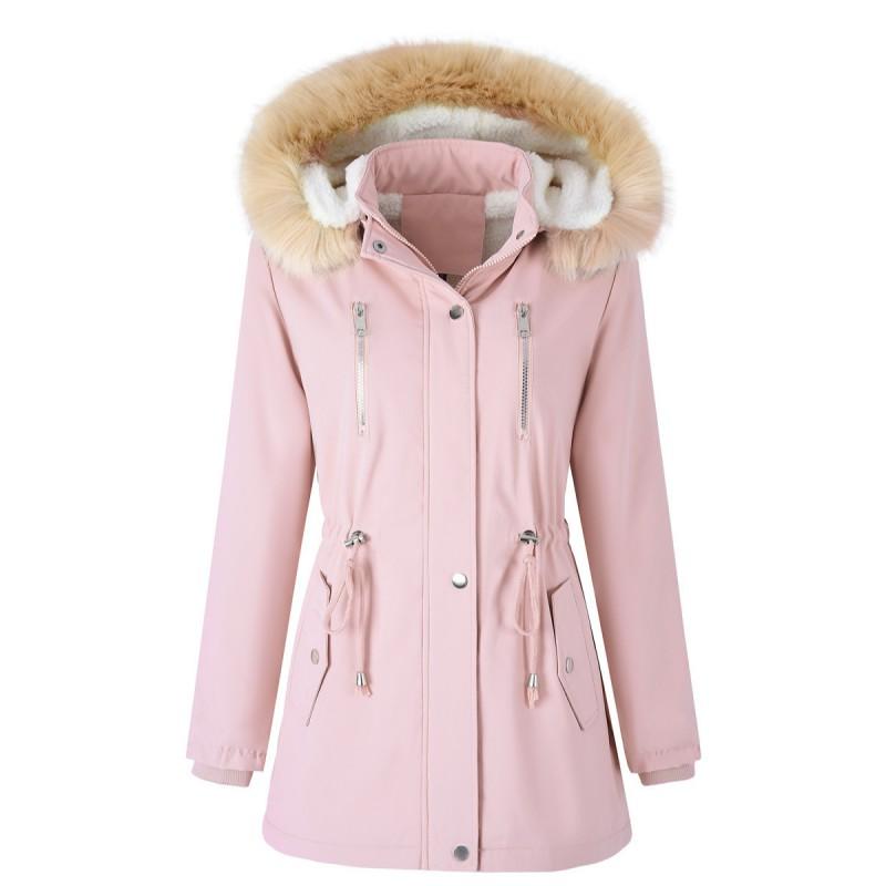 Womens Winter Parka Coat With Faux Fur Hood Sherpa Lining Drawstring Waist Warm Cotton Padded Outerwear
