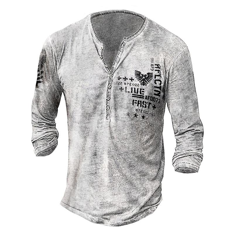 Мужская винтажная рубашка henley с длинным рукавом - Ретро-футболка с графическим принтом и пуговицами