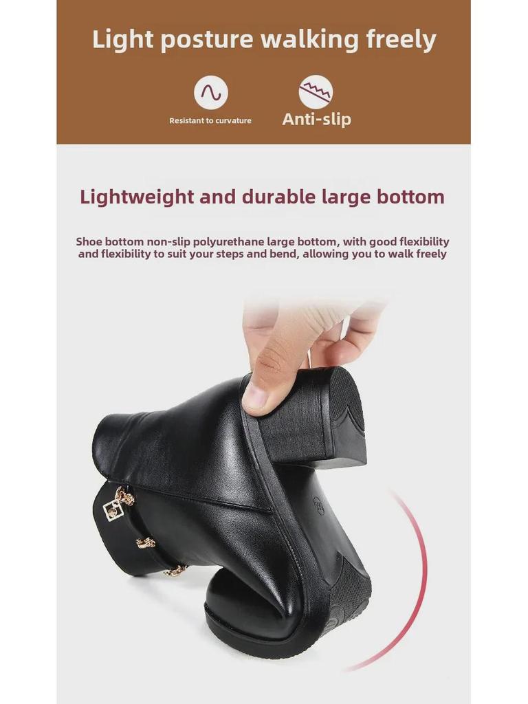 Зимние кожаные ботинки на среднем каблуке для женщин среднего возраста — теплые, нескользящие, с бархатной подкладкой.