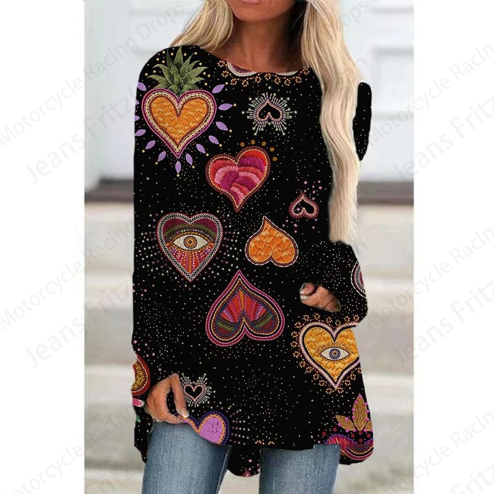 Футболки с европейским узором и 3D-принтом, женская модная футболка, туника с длинным рукавом, повседневные длинные топы, футболка с цветочным принтом, женская одежда y2K
