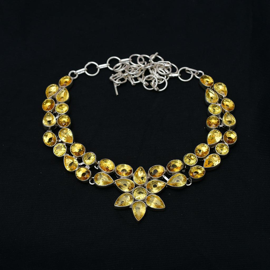 Citrine Gemstone : 925 Sterling Silver Handmade Multi Shape Gemstone Necklace Jewelry