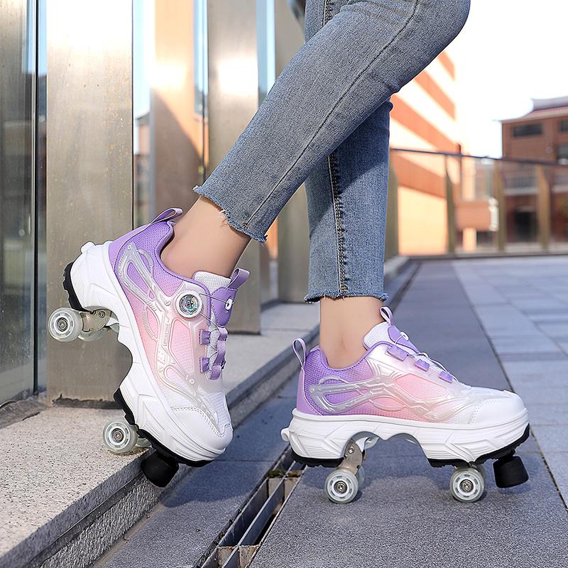 35-44 Boys/ Mens Skate Shoes Walking Shoes Four-wheeled Roller Skates for Women One-button Retractable Adult Double-row Deformation Shoes