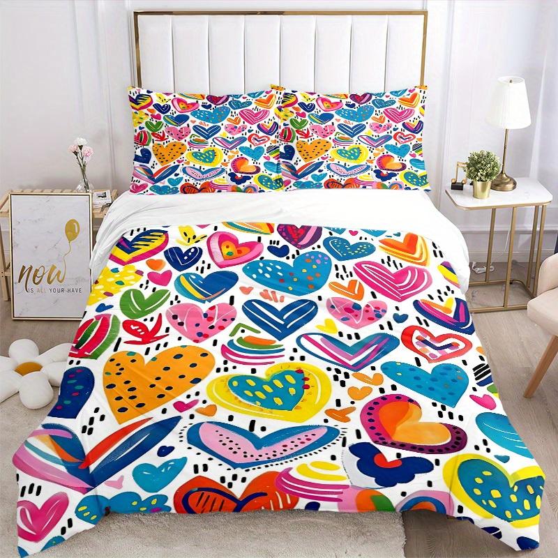 3pcs Colorful Hearts Bedding Set, Ideal for Home Use, Suitable for Bedroom Decor (1*Duvet Cover + 1/2*Pillowcases, No Core) yy250821190