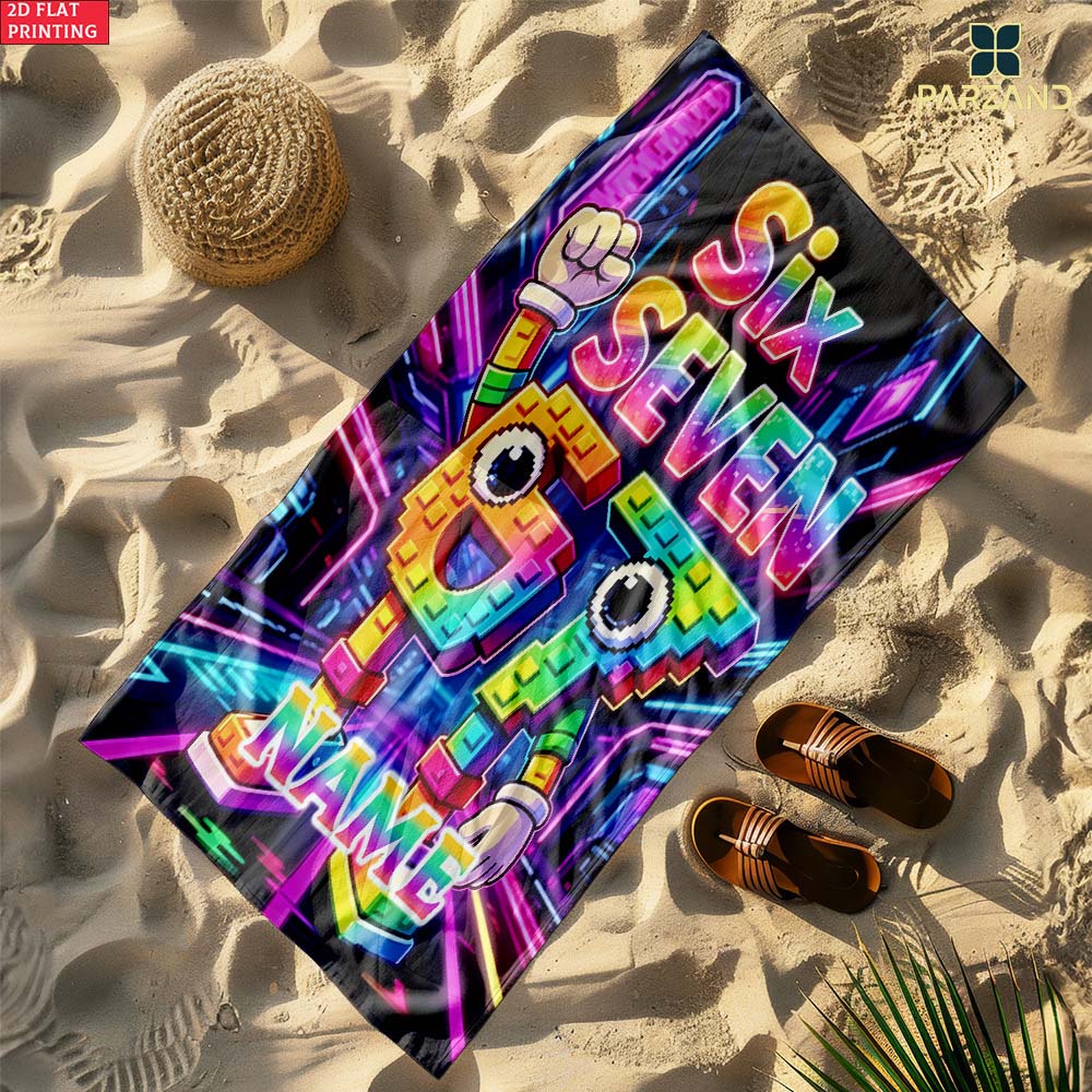 1pc  Neon Pixel Number 67 Personalized Name Beach Towel, Cyberpunk Kids Summer Pool Towel