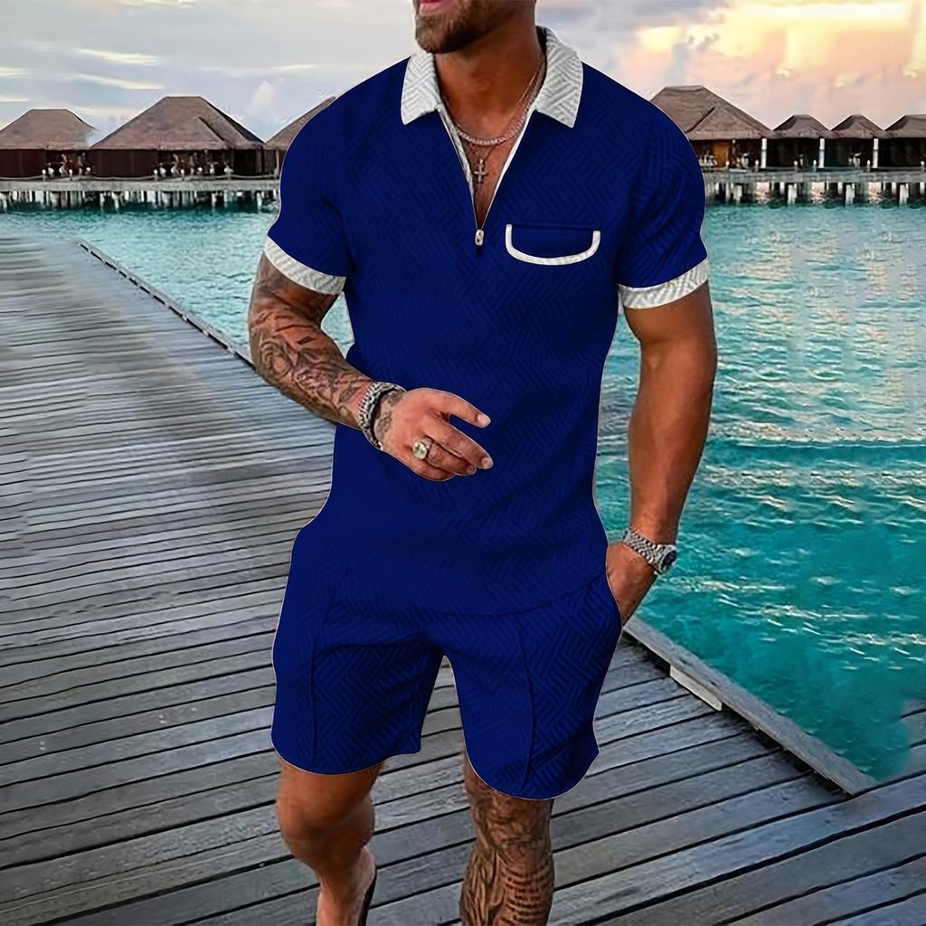 Мужской летний однотонный комплект из рубашки с коротким рукавом, карманом на молнии и лацканами, шортами