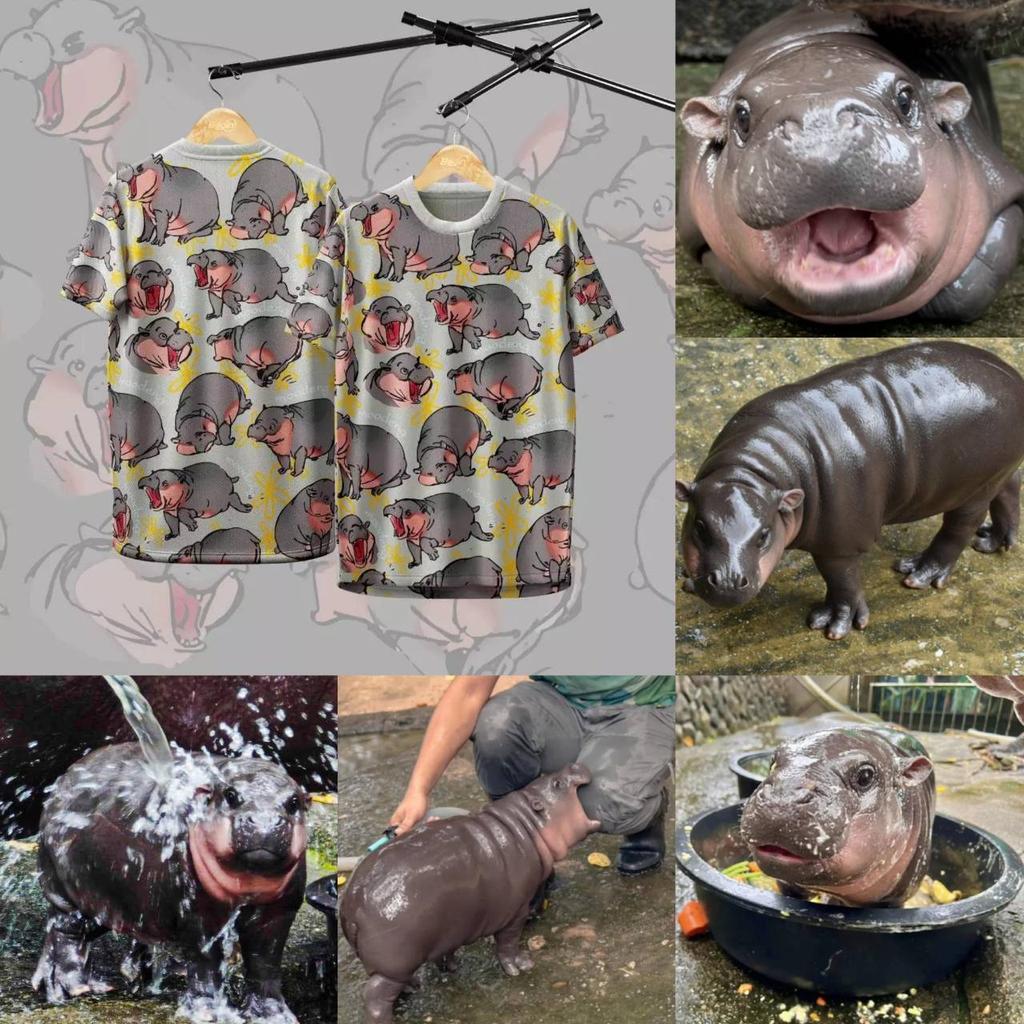 Moo Deng Tiny Baby Hippo Star Thailand Cute Pygmy Hippo Unisex Men Women Kid T-Shirt Sport Print Short Sleeve Round Neck