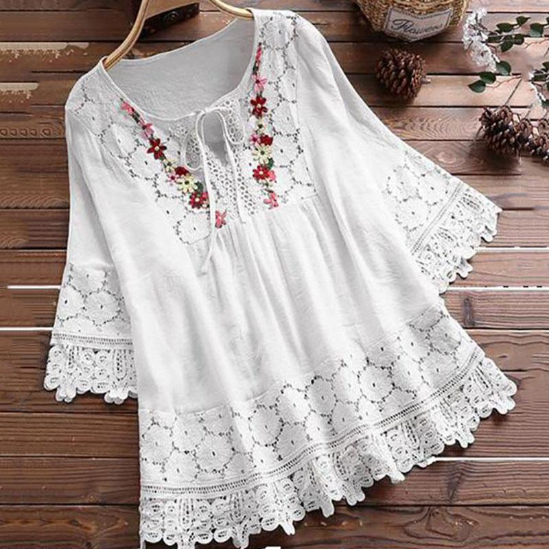 Women Lace Embroidery Flower Loose Plus Size Half Sleeve Shirt