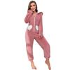 Комбинезон с капюшоном и ушками кролика в стиле колор-блок - Женская пижама из кораллового флиса для осени и зимы