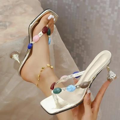 Модные женские сандалии 2025 Новые Вечерние На низком каблуке Сандалии-гладиаторы Женские мюли Дизайнерские Драгоценный камень Узкий ремешок Вьетнамки Женская обувь
