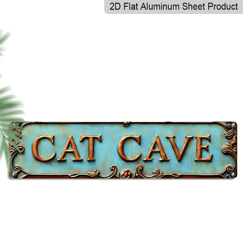 2D Flat, Decorative Signs & Plaques, 1pc Vintage "Cat Cave" Metal Sign - 4.0X16.0 Inch Aluminum Wall Decoration with Ornate Border, Perfect for Home