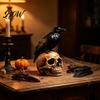 Dark Theme Home Decor Halloween Skull Figurine, Realistic Human Head Statue, Creepy Gothic Spooky Tabletop Ornaments Crow On Sculpture for Mantel