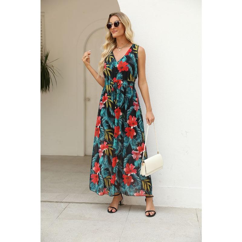 YYFS Women's Fashion Summer Spring Flower Pattern Print Sleeveless V-Neck High Waist Casual Dresses
