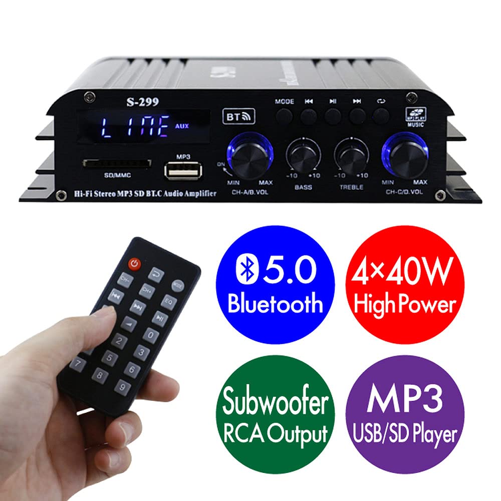 Усилитель объемного звучания ORIGINCOM, совместимый с Bluetooth, 4 x 40 Вт, RCA-сабвуфер, небольшой усилитель, воспроизведение карт, 4-канальный звуковой адаптер в комплекте LPS299 4.1ch