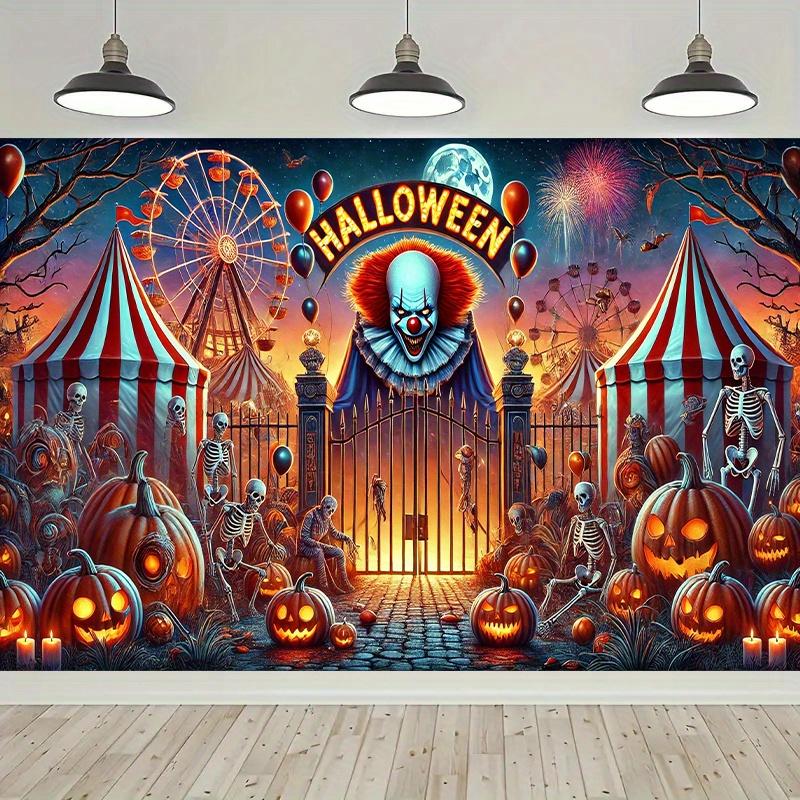 Ghost like Halloween carnival background banner with evil clown, skull, pumpkin, and circus tent