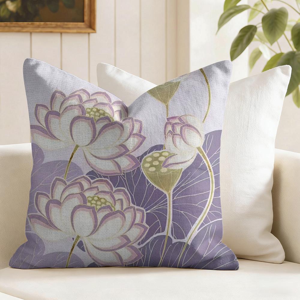Beauty Lotus Cushion Cover Natural Linen Pillow Cover DoubleSided Print Cushion Cover for Sofa Home Decor