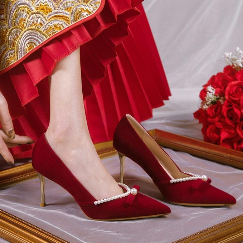 Свадебные туфли, женские туфли на высоком каблуке, красные китайские туфли на тонком каблуке, не утомляющие ноги.