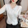 Shirt Women's Long-sleeved Spring Clothes New French Jacquard V-neck Foreign Style Design Sense Chiffon Flared Sleeve Top