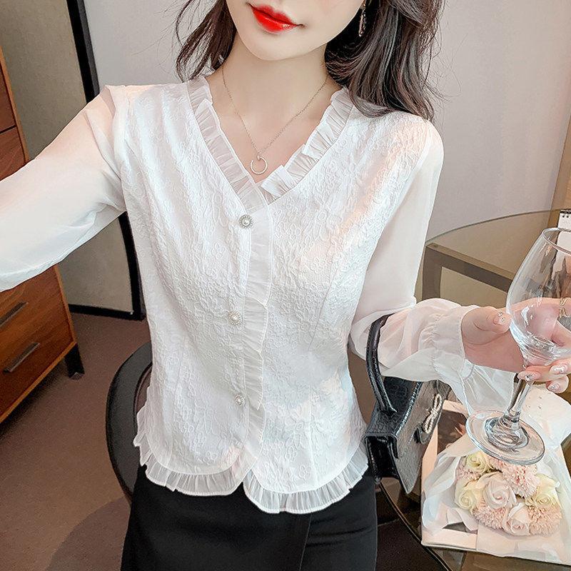Shirt Women's Long-sleeved Spring Clothes New French Jacquard V-neck Foreign Style Design Sense Chiffon Flared Sleeve Top