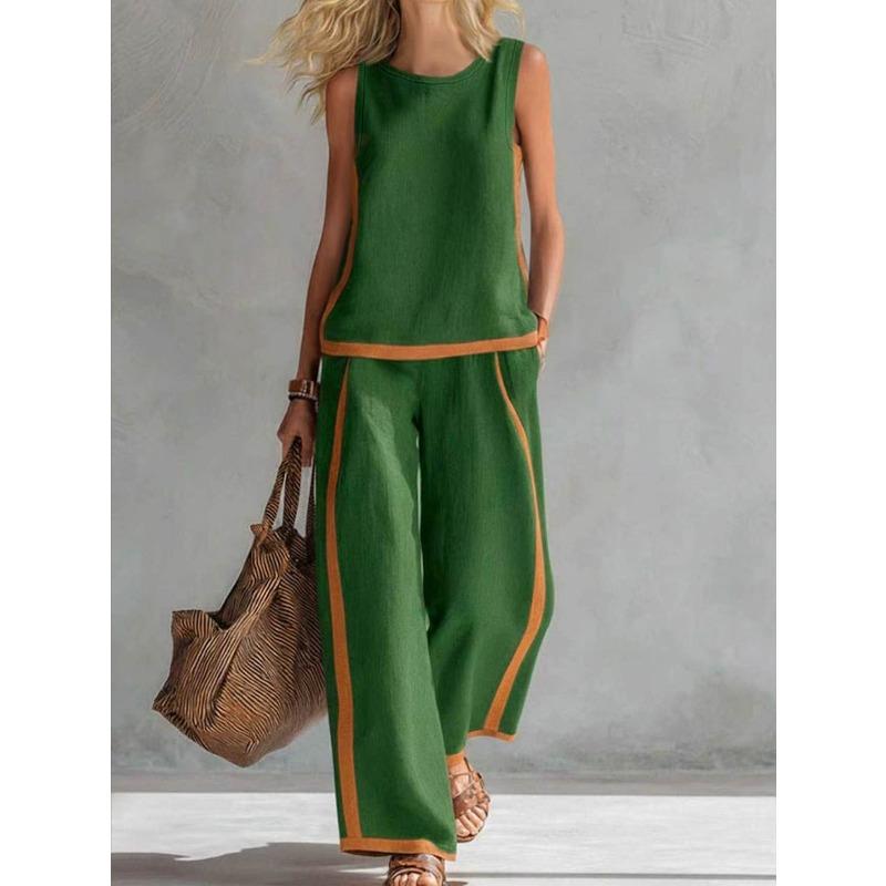 QICED Women's Fashion Casual Sleeveless O-Neck Pants Suits Casual Chic