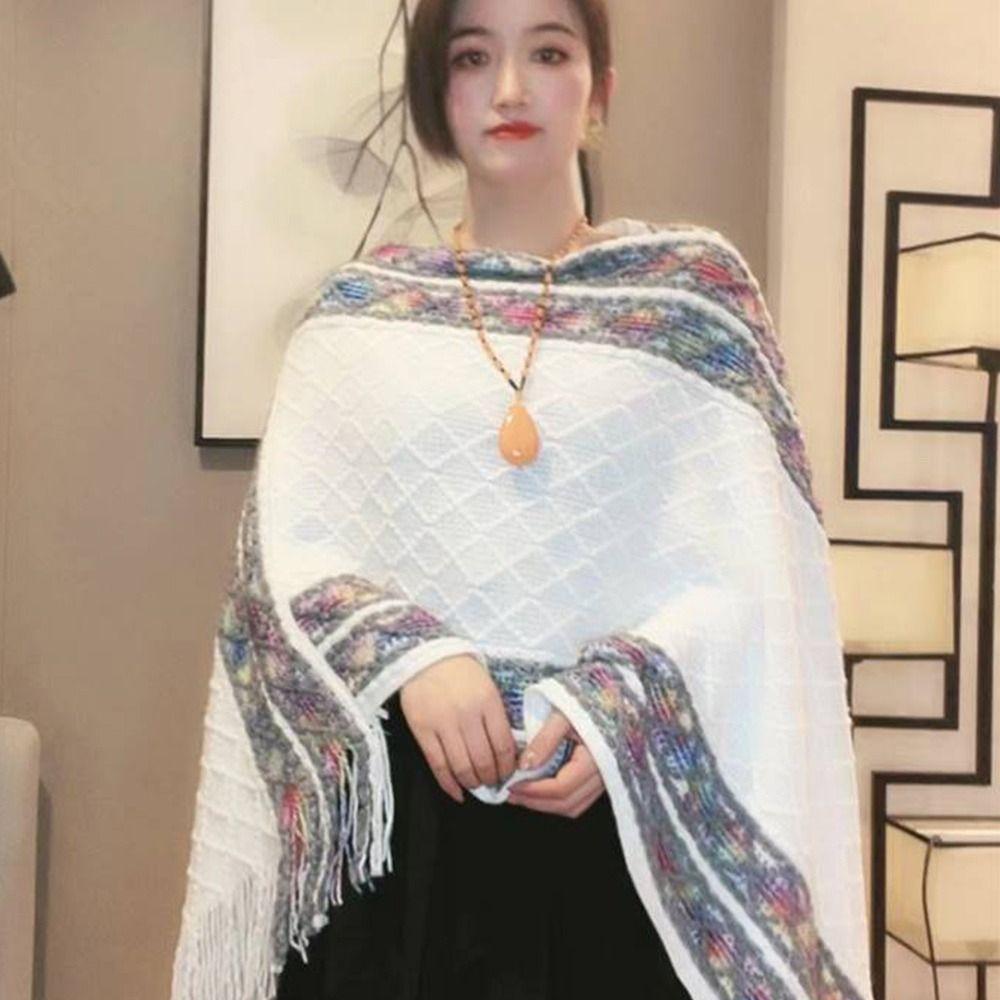 Winter Warm Rhombic Stripe Tassel Shawl Imitation Cashmere Knitting Wraps Women Fashion