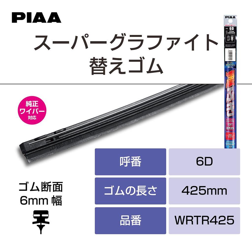 PIAA Super Graphite Wiper Replacement for Plastic WRTR425 Rubber, 6D, Wipers, (1 piece)
