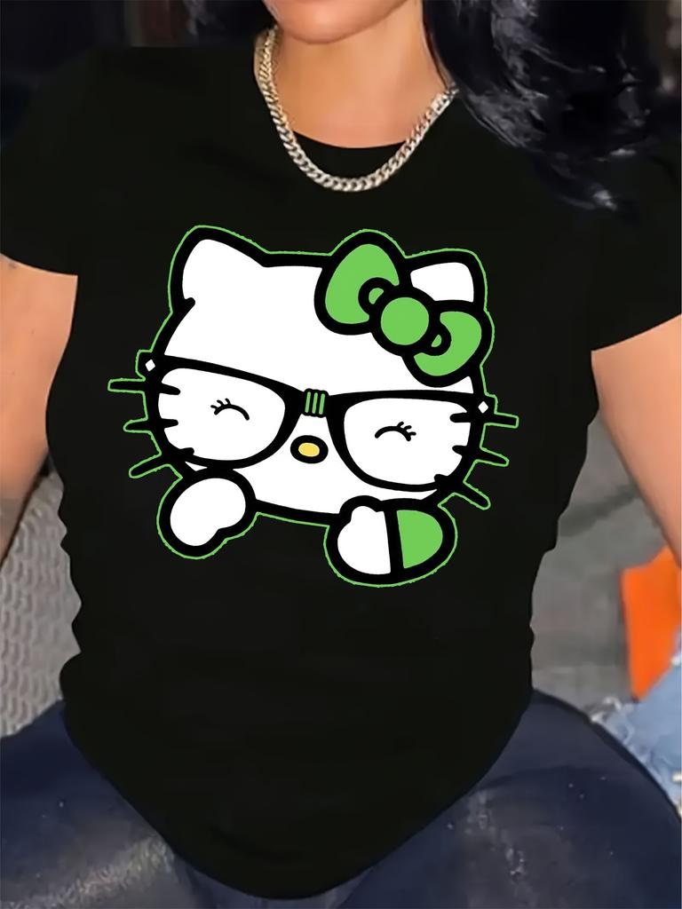 European size , Sanrio Hello Kitty Women's T-Shirt - St. Patrick's Day 2025 New Year Outfit, Cute Hello Kitty Face Shamrock Print