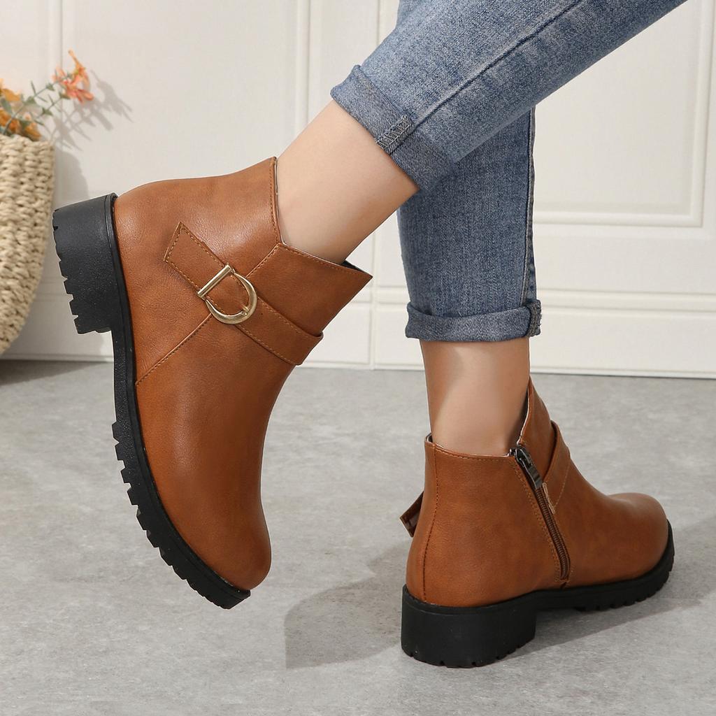 Large Size Solid Color Belt Buckle Decorative Side Zipper Short Square Heel Fashion Leather Boots