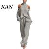Wide Leg Pants Autumn Women Sweater Set, Cold Shoulder Knit & Elegant Lounge Wear Sets Pants, Solid Color Long Sleeves Top Trousers Two Piece Outfits