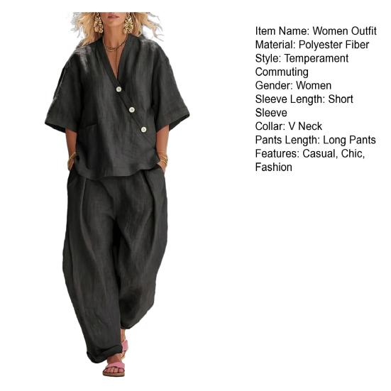 Женский комплект из 2 предметов Повседневный топ с пуговицами, коротким рукавом и V-образным вырезом и длинные брюки Комплект для отдыха с карманами Летний свободный комплект
