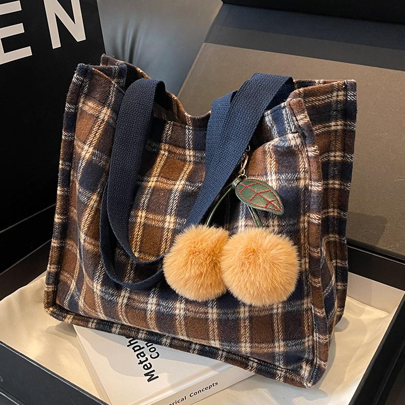 Осенне-зимняя ретро-сумка из шерсти для женщин, новая корейская сумка-тоут, универсальная повседневная сумка большой вместимости на одно плечо для поездок на работу