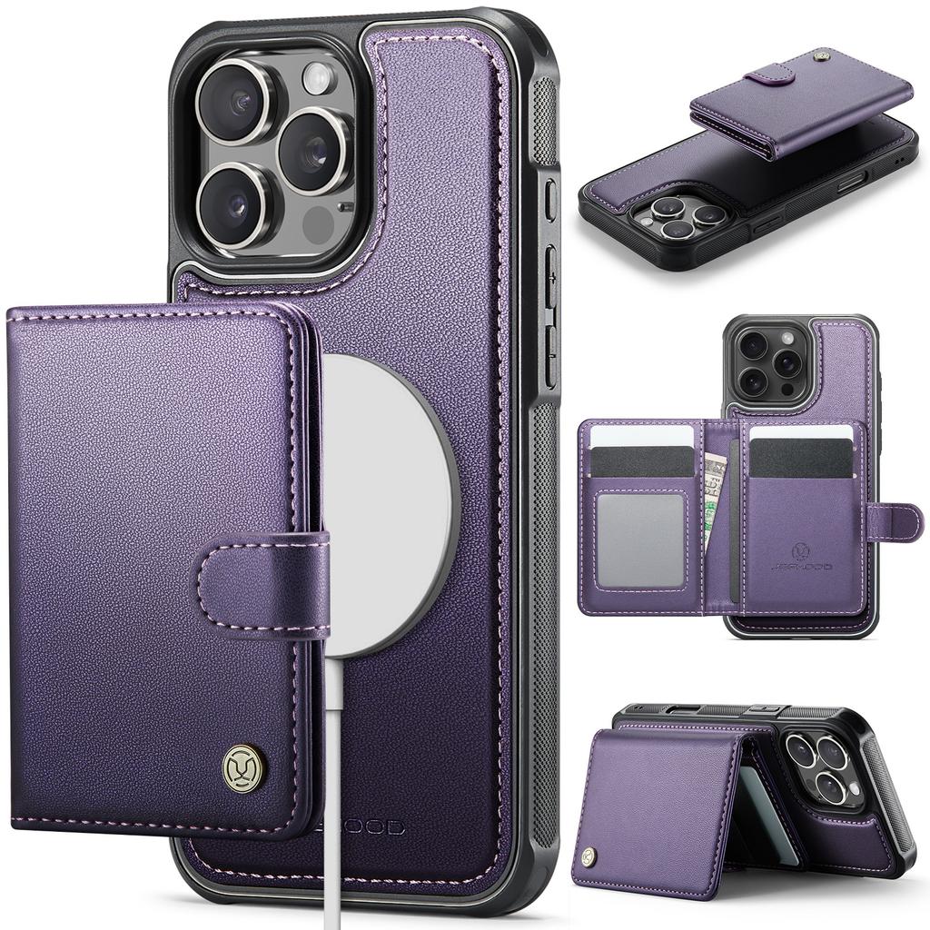For iPhone 16 Pro Case JEEHOOD J09 RFID Blocking Card Holder Leather Back Phone Cover Compatible with MagSafe
