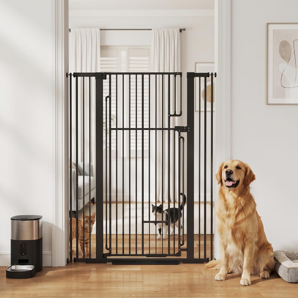 135cm Extra Tall Dog Gate With Cat Door Fits Openings 81 108 Cm Pressure Mounted For Doorways Hallways No Drilling