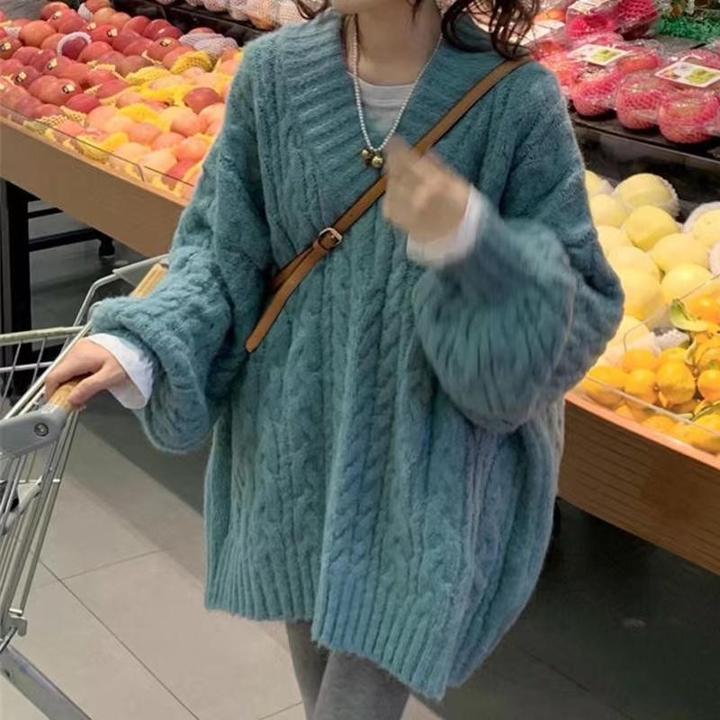 Корейские свободные зеленые свитера женские винтажные ленивые ветровки с V-образным вырезом милые вязаные пуловеры осенние повседневные свободные джемперы с длинным рукавом