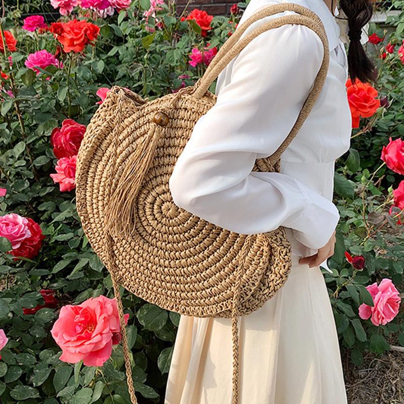 Yogodlns Летняя пляжная сумка, круглые соломенные сумки для женщин, сумка на плечо из ротанга, дорожная тканая сумка ручной работы, большая вместительная женская сумка-шоппер