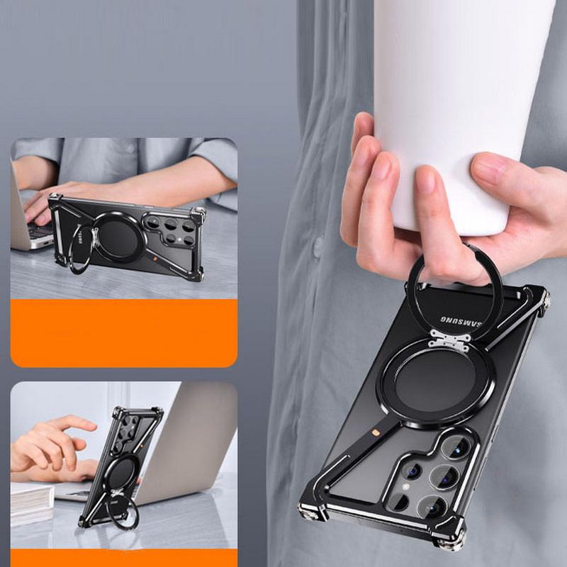 Магнитный чехол из алюминиевого сплава без оправы для Samsung S25 Ultra S24 Plus с вращающейся на 360 ° металлической подставкой для Magsafe Buffer Hard Cover