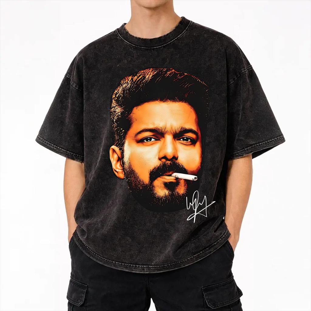 Summer Vijay Thalapathy Washed T Shirt Outfit Oversize T-Shirts for Men Women Tees