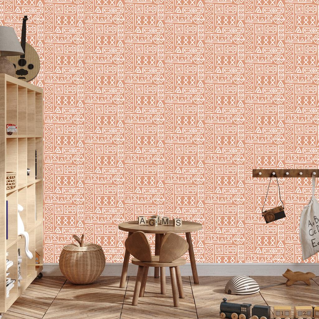 Polynesian Geometric Pattern Wallpaper Cream and Peach 50x1000