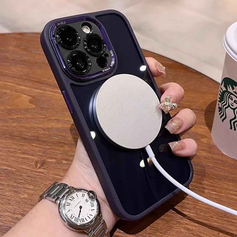 Iphone For 15 Pro Magsafe Case Fashion Metal Letters Camera Protection Cover For Iphone 13 14 15 Pro Max Magnet Shockproof Cover
