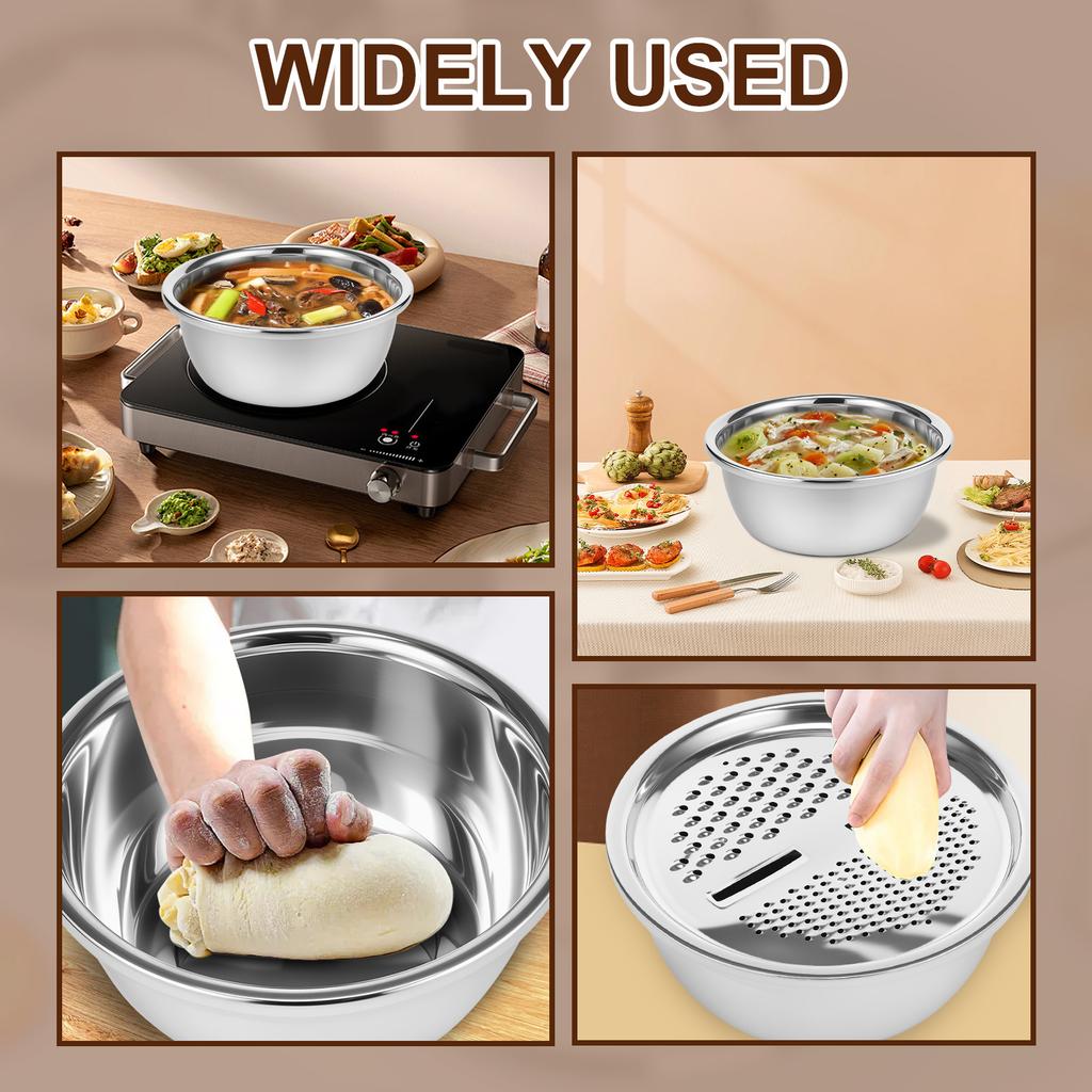 3Pcs Stainless Steel Basin with Grater Multifunctional Stainless Steel Basin Strainer Set Stackable Fruit Washing Bowl for Home