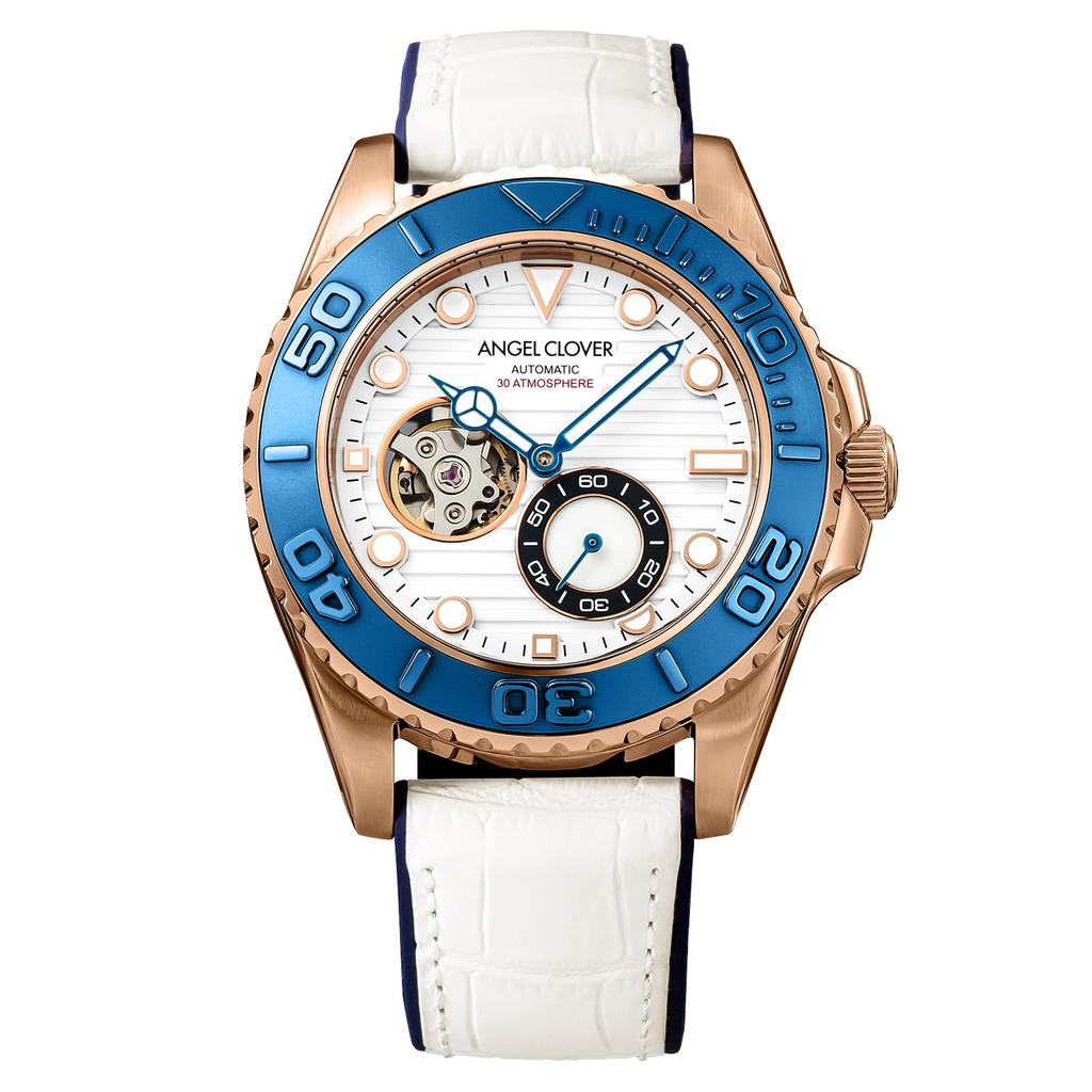 Angel Clover Sea Cruise Automatic Open Heart Diver Men's Watch SCA44PWH-WH White Dial Stainless Steel Leather Band 44mm 30ATM Mineral Glass