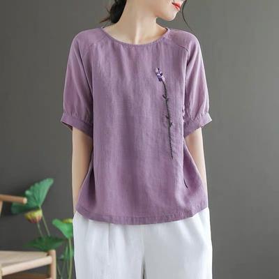 Классическая хлопково-льняная футболка с вышивкой цветов, круглым вырезом и короткими рукавами для женщин, летняя, новая, большого размера, свободная, универсальная, топ для женщин