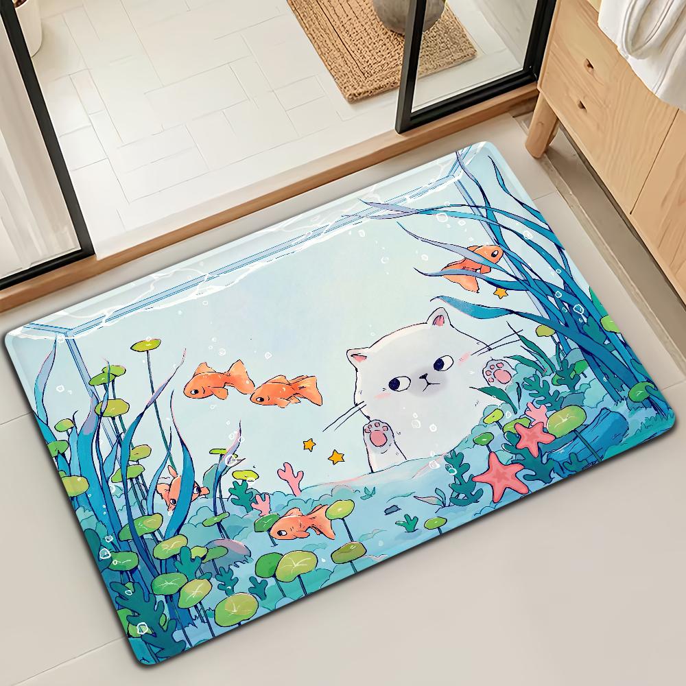 Fish Cat Cute Kawaii Door Mat Bath Microfiber Decorative Versatile Flannel Floor Mat Quick Dry Absorbent Non-slip Sole